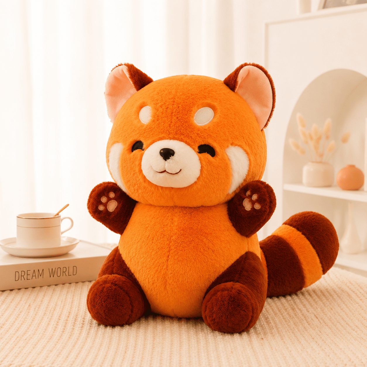 Plush toy red panda on a soft surface with a blurred background